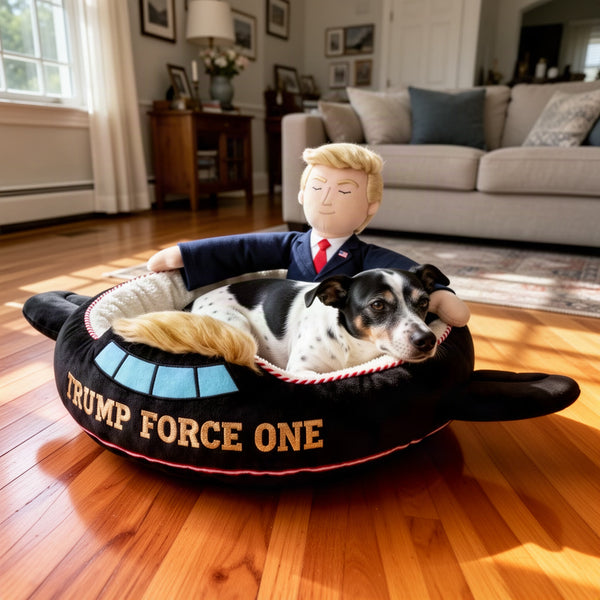 A small dog leaning its head on the raised plush rim next to the figure's outstretched arms