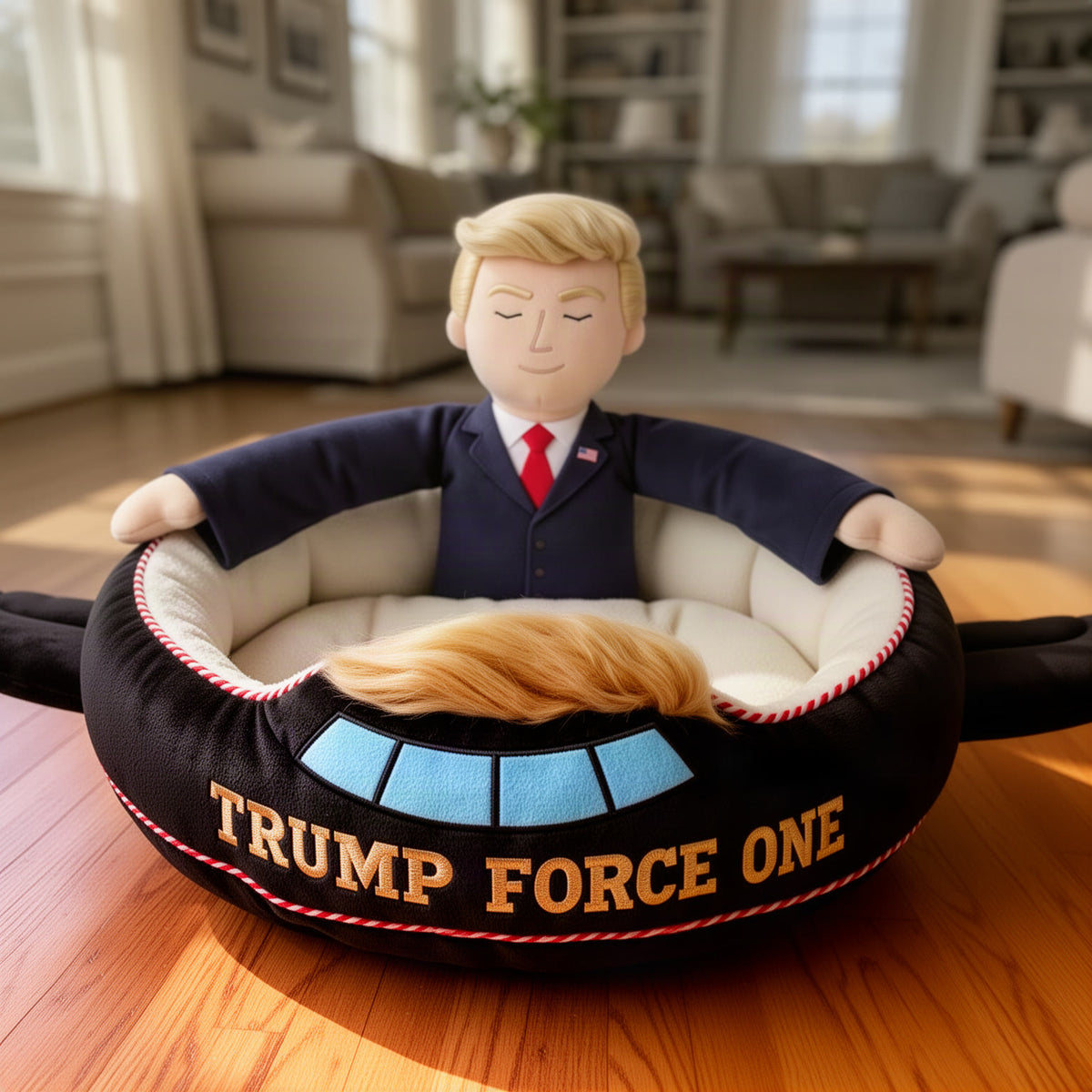 Close-up of the plush figure at the back of the bed with arms stretched over the rim, showing the navy suit, red tie and
