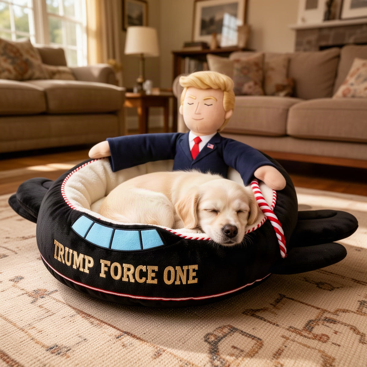 A small dog curled up on the cream cushion with its head resting on the black raised rim, red and white trim visible