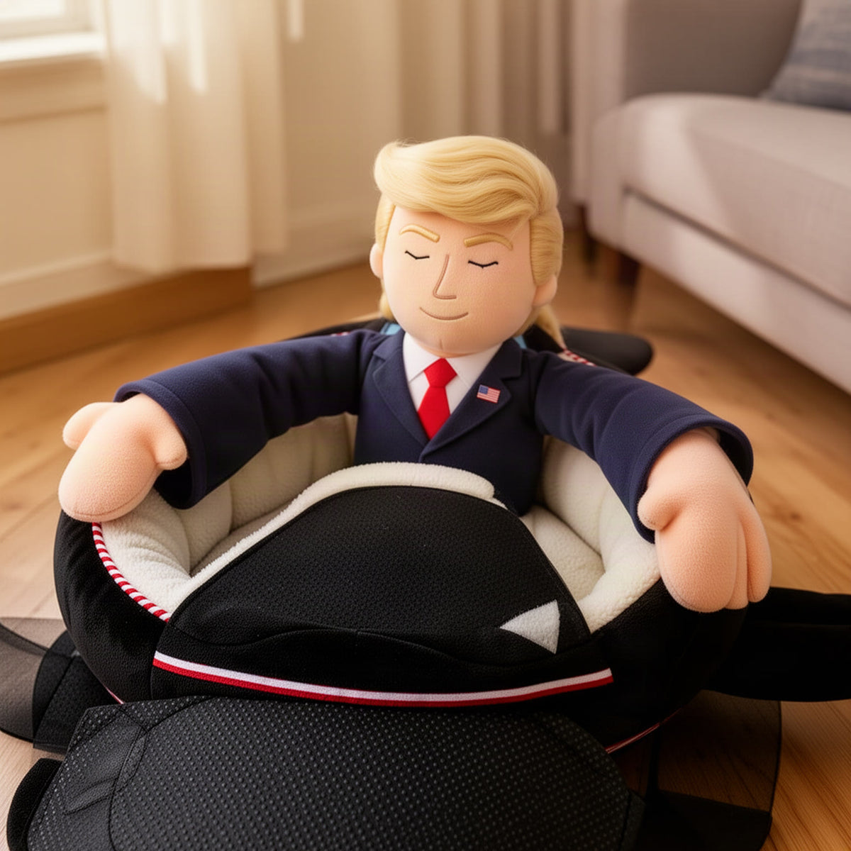Close-up of the sewn-on figure's shoulders and arms on the rim, plus the bed's non-slip underside on a floor