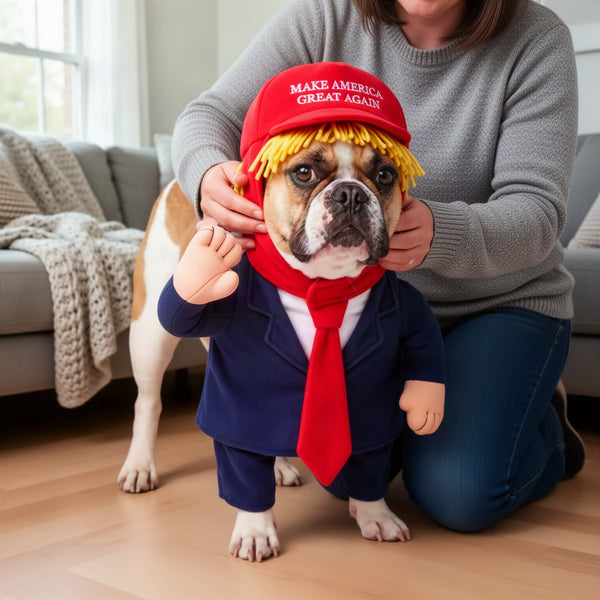 Owner sliding the connected costume over their dog before closing the velcro straps