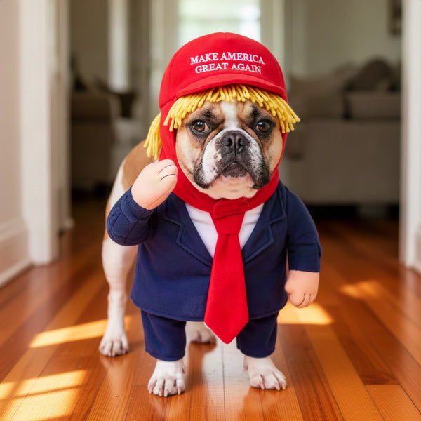 Dog wearing the complete costume, standing front-facing