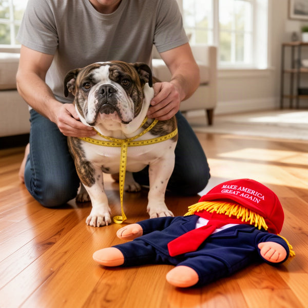 Costume next to the size chart, or on a dog being measured by the owner
