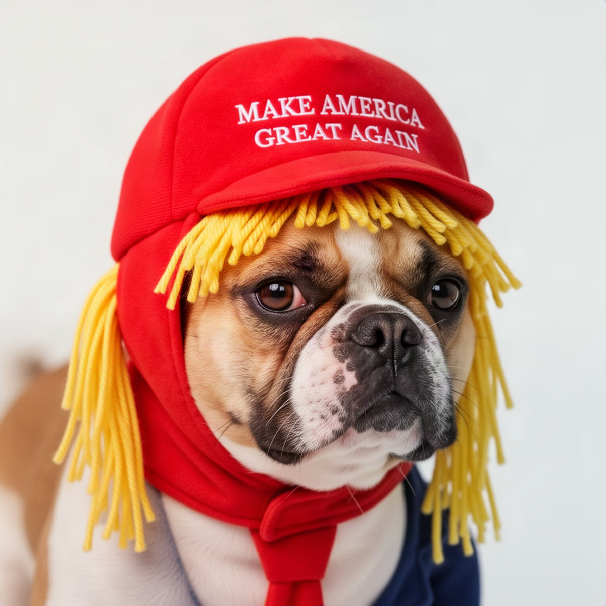 Close-up of a dog's head in the red brimmed cap with white embroidered two-line slogan and yellow yarn fringe hanging at