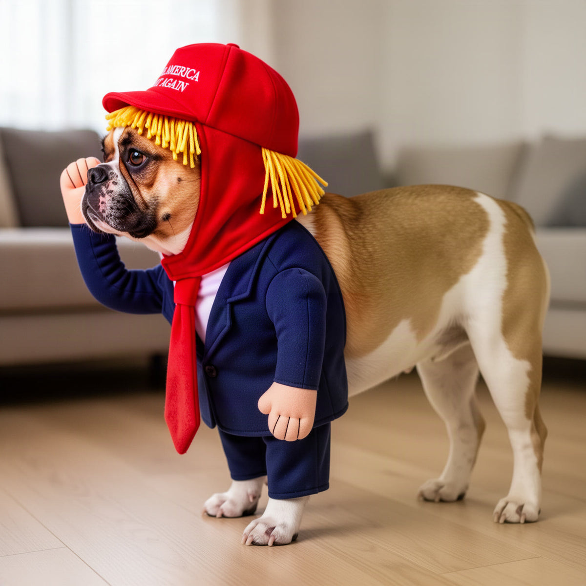 Side view of the dog with padded navy sleeves out to the sides, one peach hand raised in a fist, the other hanging down