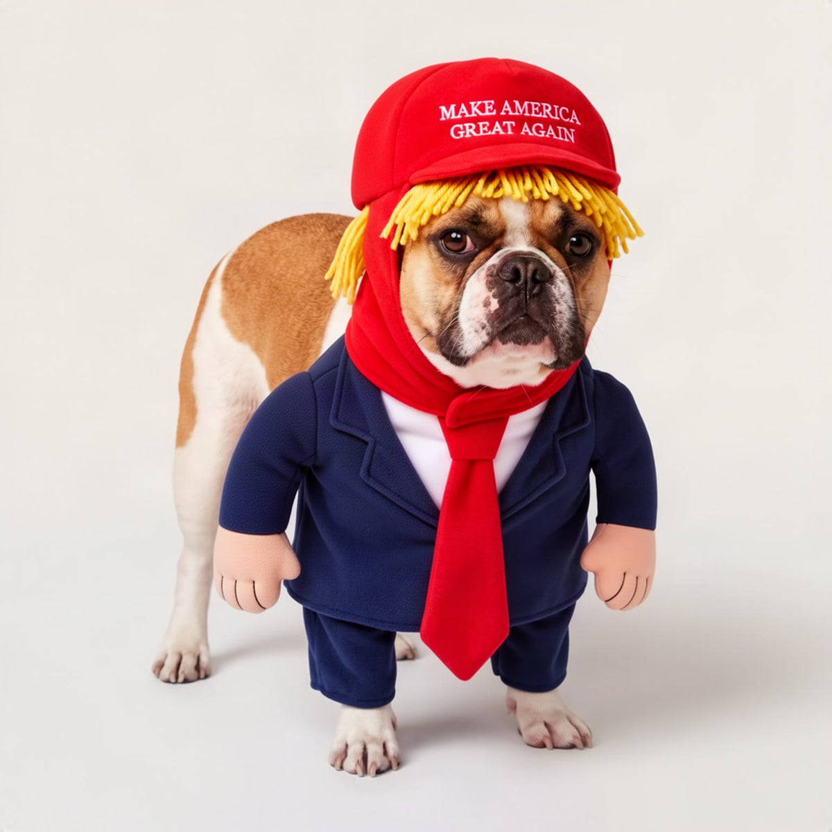 Front view of the dog showing the navy jacket, white shirt front, long red plush tie and navy trouser legs on the front 