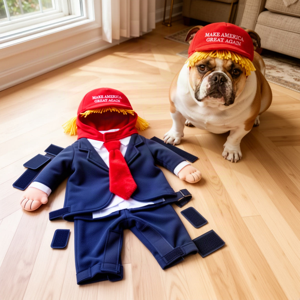 Costume laid flat as one piece with the velcro straps open, next to a dog ready to be dressed