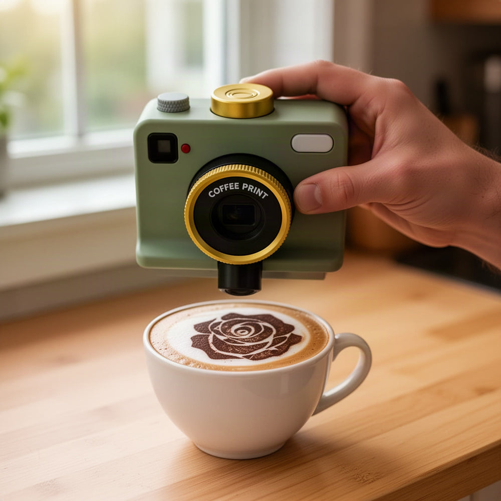 Lifestyle hero: the sage green retro-camera device held over a white cup of latte, with a brown rose-like design freshly printed on the foam