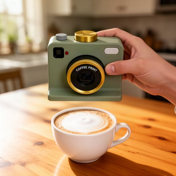 Device held parallel to the foam surface with the lens facing down toward the drink, hands steady