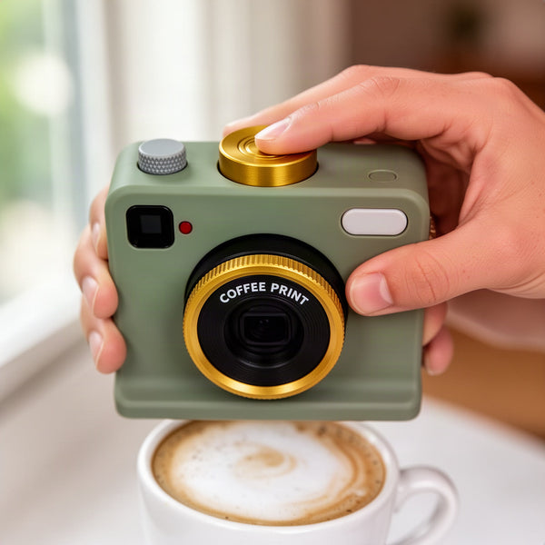 Finger pressing the large round gold button on top of the device