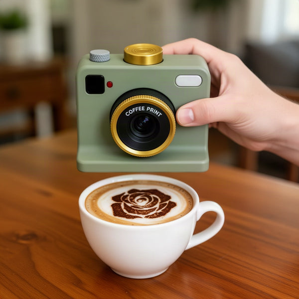 Cup of latte with a brown rose-like design on the foam, the device lifted just above the cup