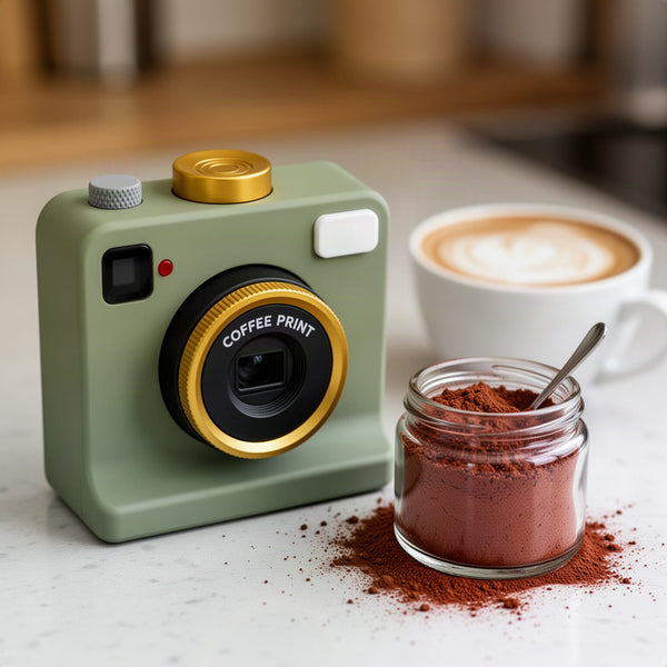 Device with cocoa/coffee powder next to it, showing it is loaded inside before use
