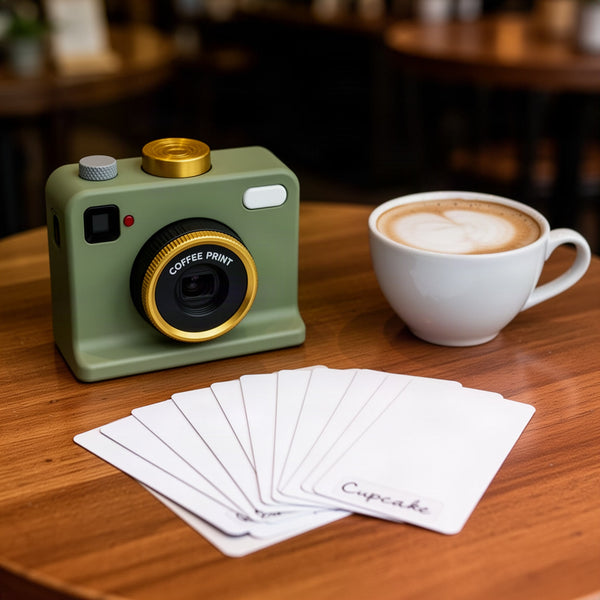 Stencil cards fanned out beside the device and a white cup of foamy coffee