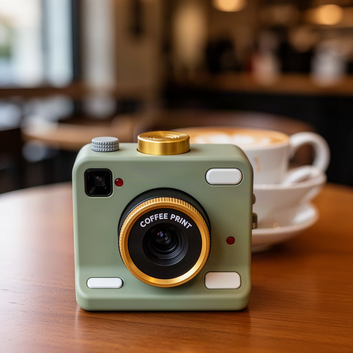 Close-up of the green and gold camera-shaped device on a café table, lens ring with 'COFFEE PRINT' in focus