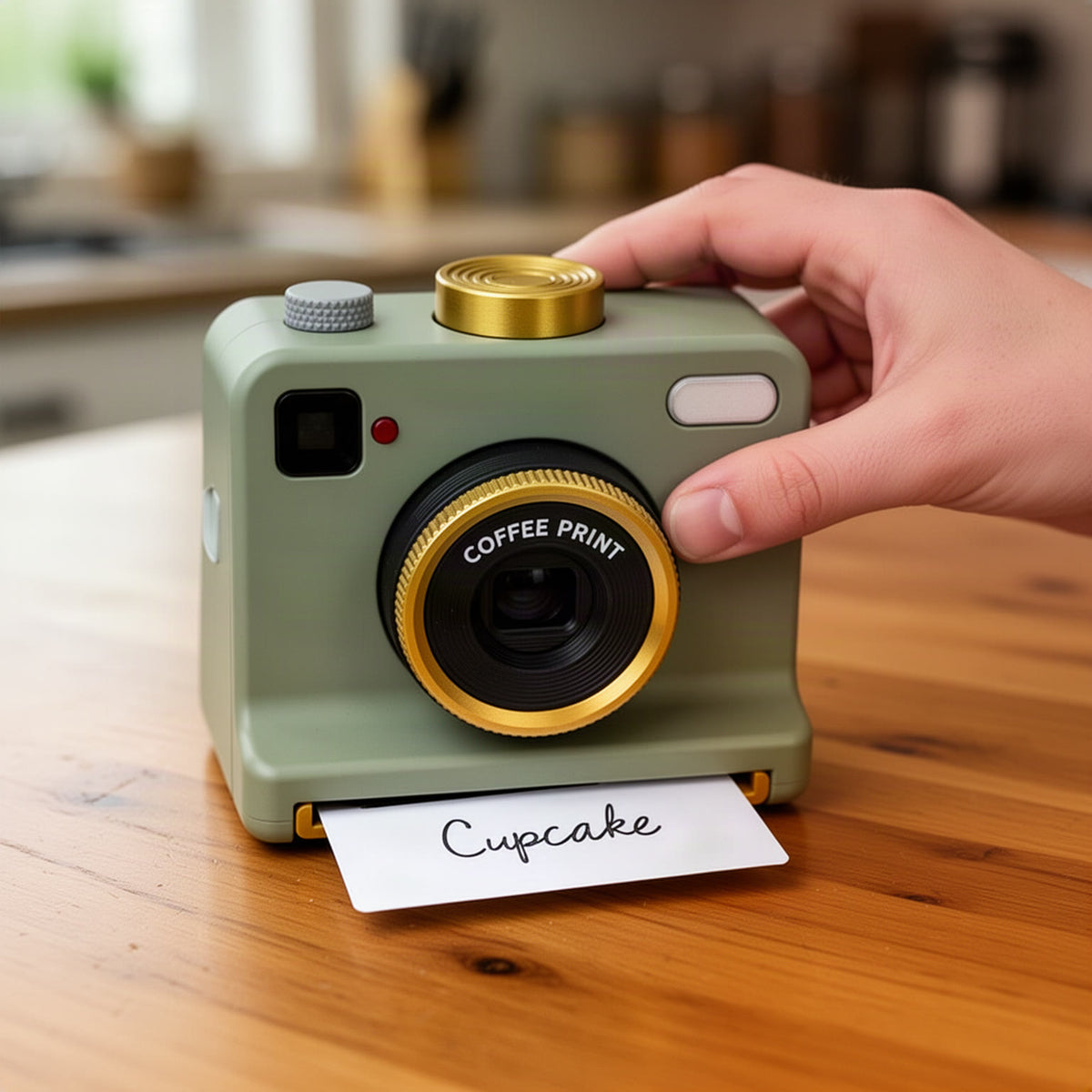 Hand sliding a white stencil card with a handwritten-style 'Cupcake' label into the back slot