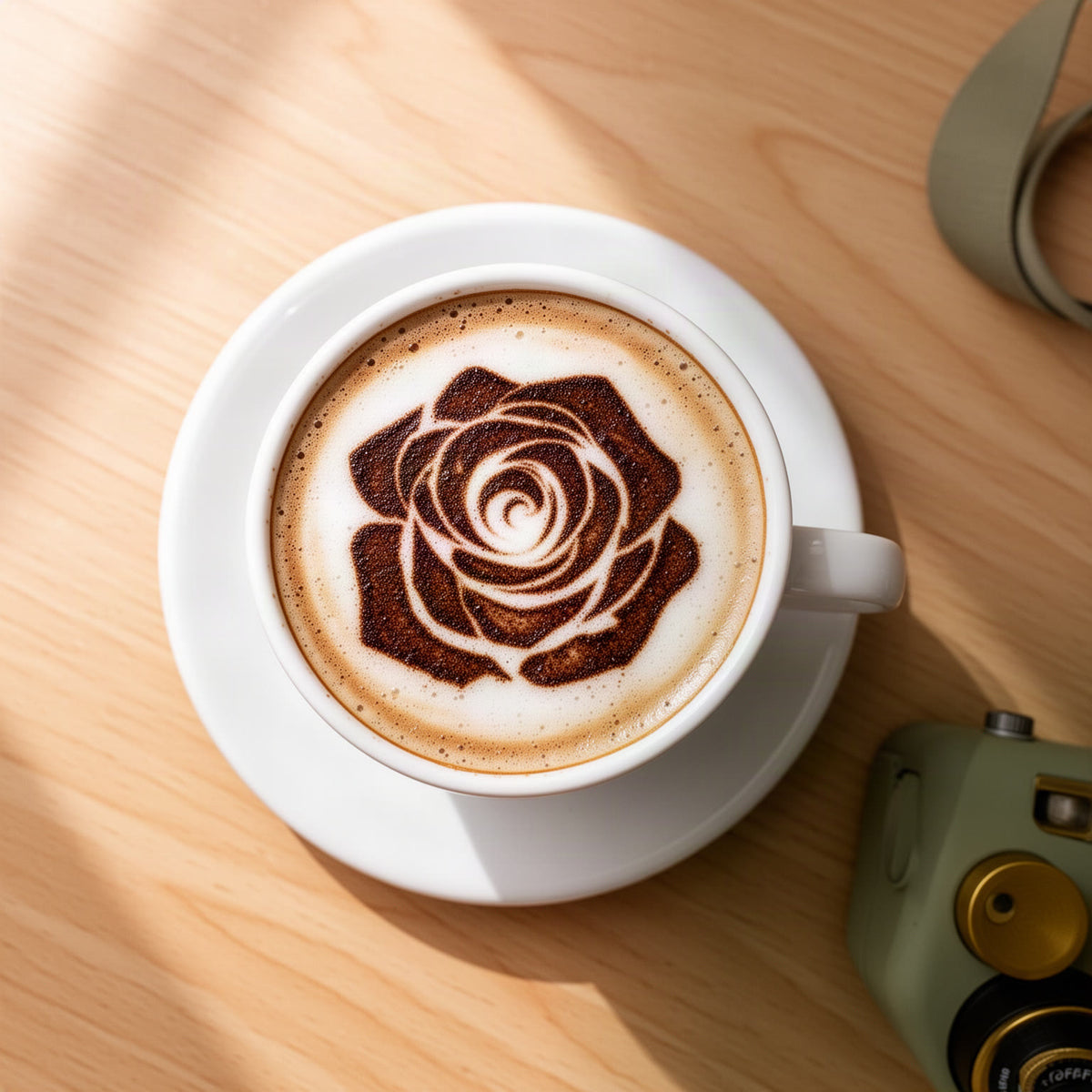 Top-down view of a white cup of cappuccino with a dark brown rose-like design on the foam