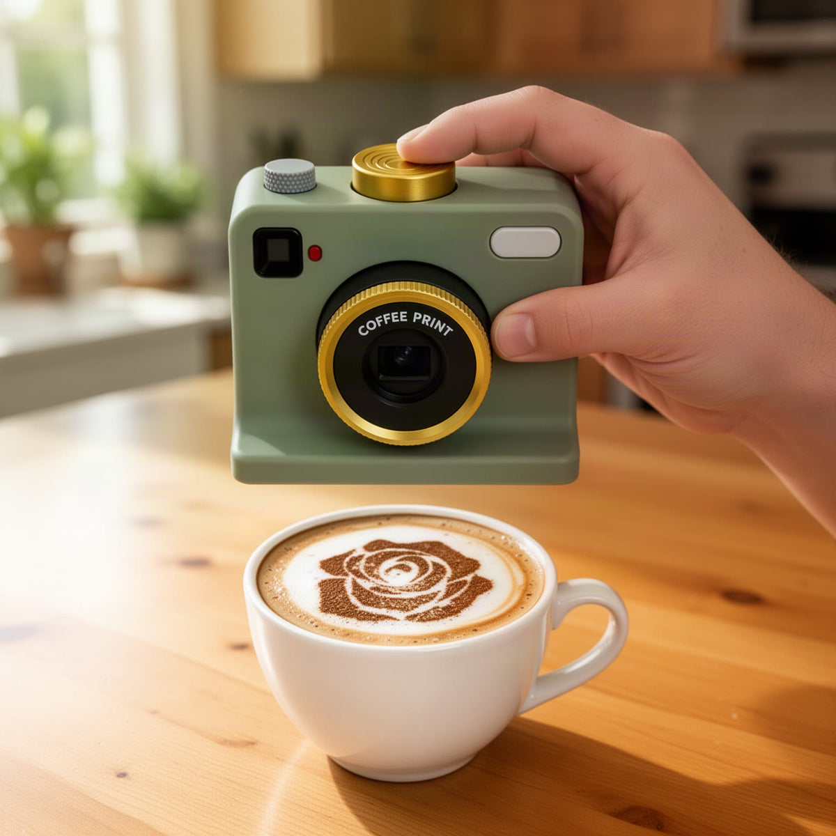 Device held steady over a cup, lens facing the foam, thumb on the gold top button