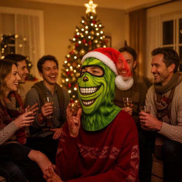 Group at a Christmas party, one person in the mask
