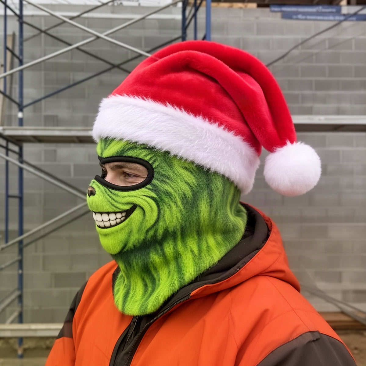 Mask from the side showing the plush red Santa hat and white pom-pom