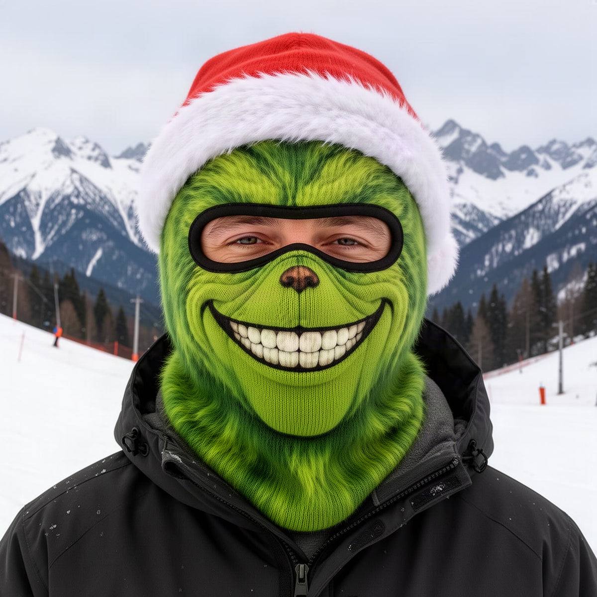Person on a snowy slope wearing the mask with the neck section visible
