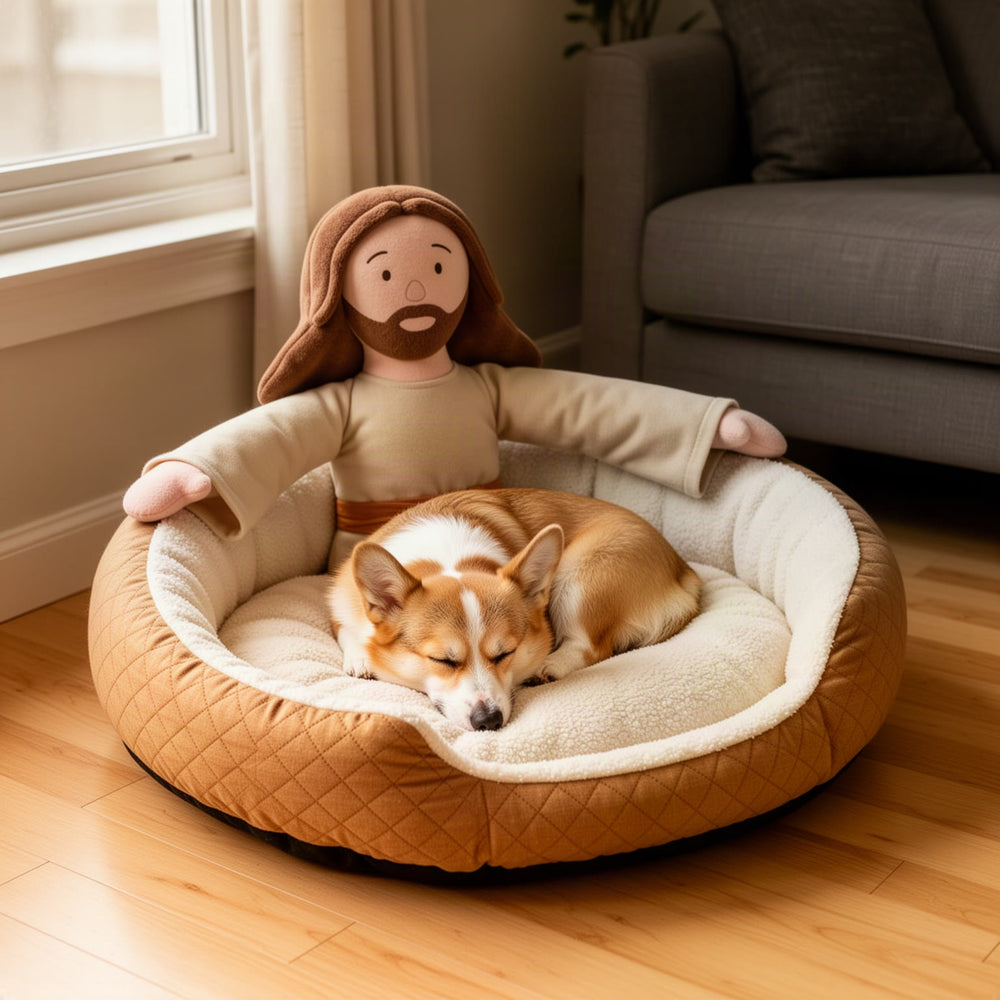 Lifestyle hero: a dog curled up in the cream fleece center of the bed, the plush figure's arms resting along the rim behind it