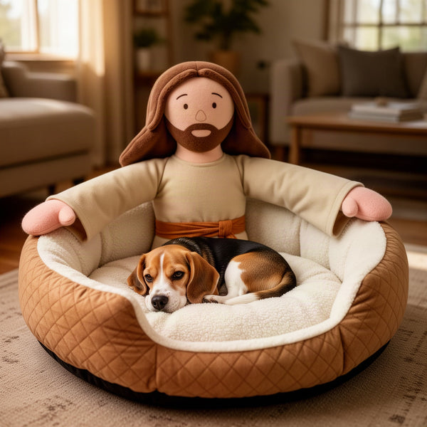Close-up of the figure's outstretched arms lying along the left and right bolster of the bed with a dog between them