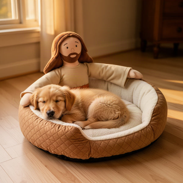 Dog curled up in the cushioned center with its head resting on the bolster rim