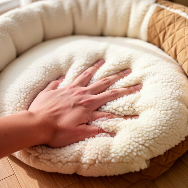 Hand pressing into the cream teddy-fleece-style cushion to show the texture