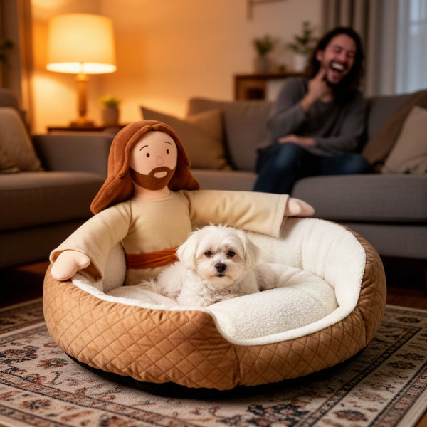 Bed with the plush figure wrapped as a gift or sitting in a living room, owner laughing as the dog settles in