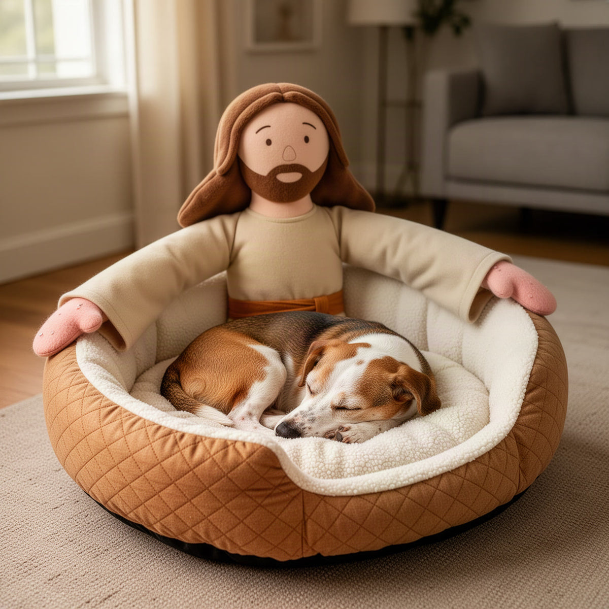 Dog curled up in the cushioned center with the plush figure's outstretched arms resting along both sides of the rim
