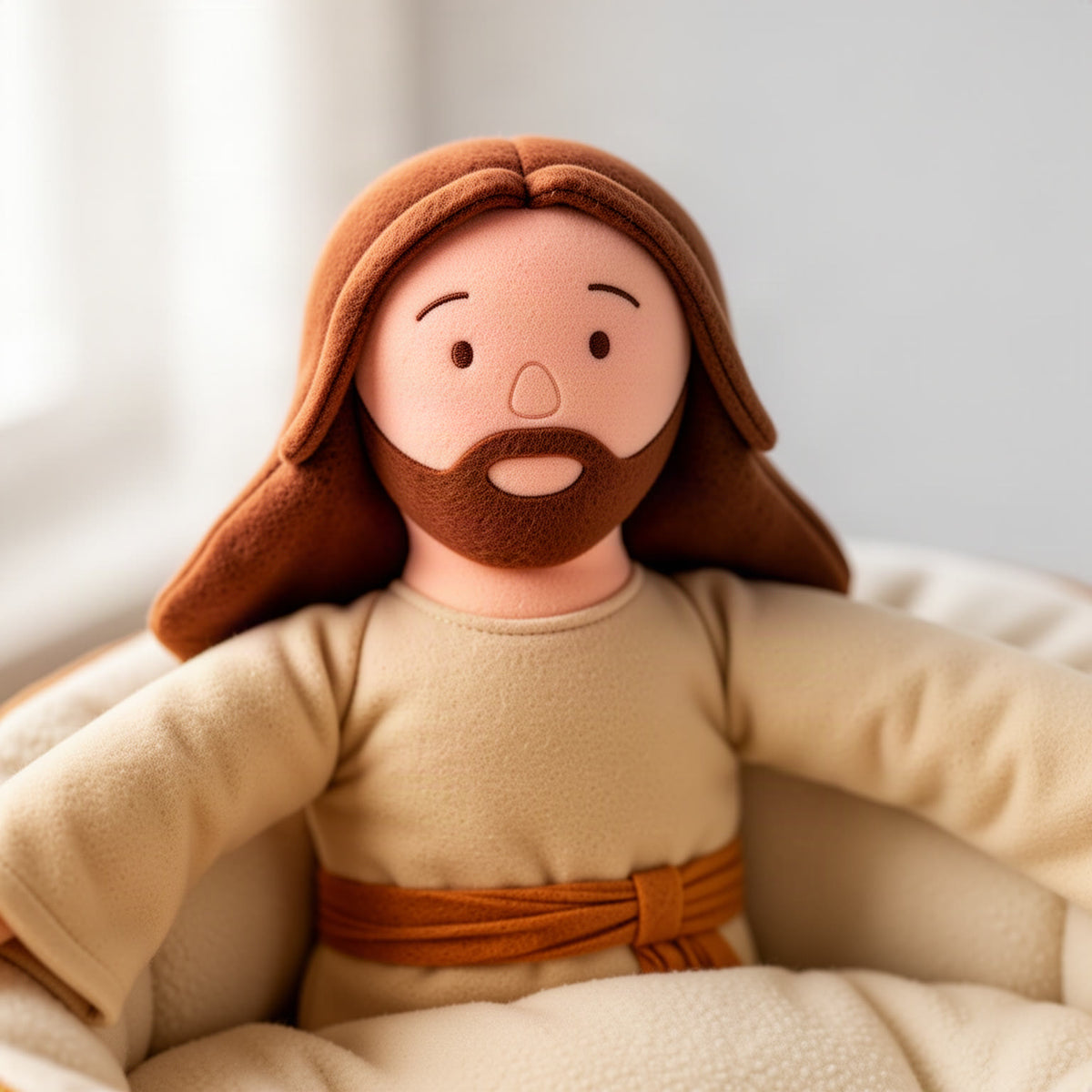 Close-up of the plush figure's face, beard, beige robe and orange-brown sash