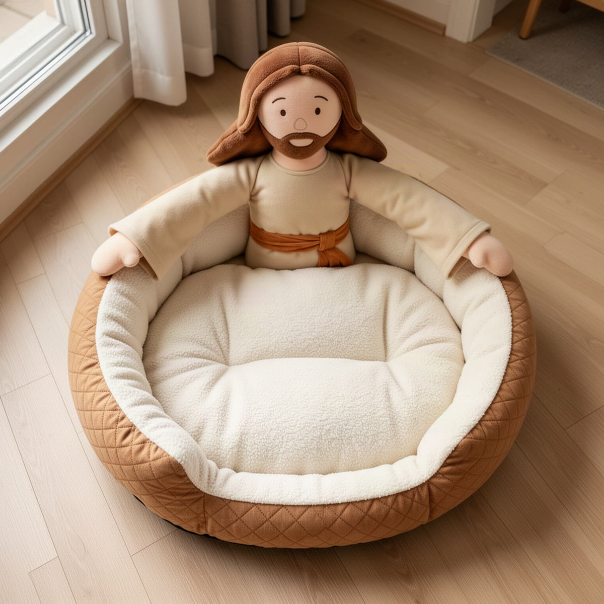 Top-down view of the round bed showing the cream fleece interior, bolster rim and quilted tan outer wall