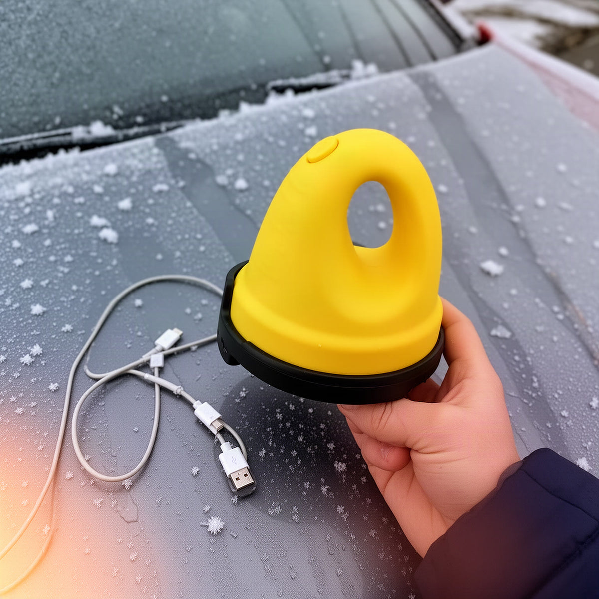 Yellow scraper in hand next to a frosty car with a USB charging cable beside it