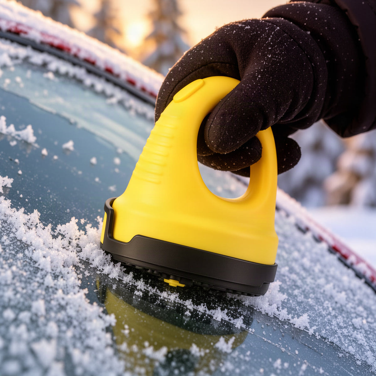 Gloved hand holding the loop handle of the yellow scraper
