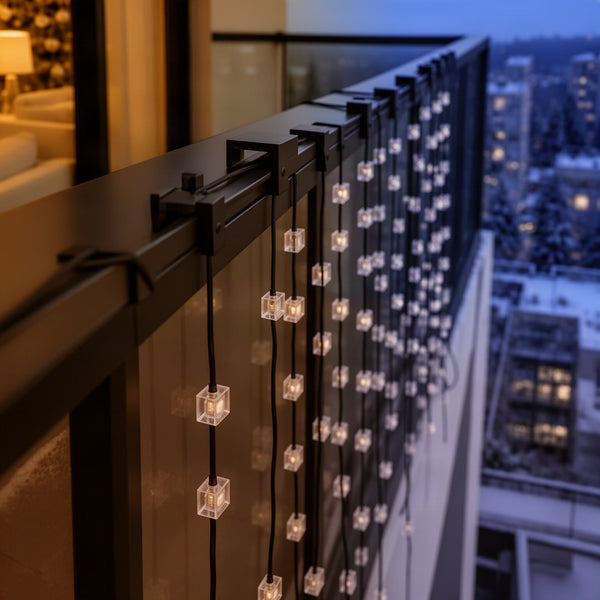 Black clips on the top rail with strings falling straight down