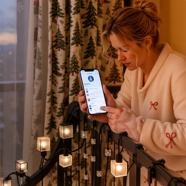 Hand holding phone with app open, curtain changing pattern behind