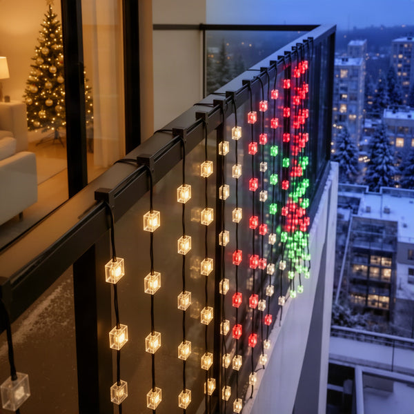 Curtain lit on a balcony glass railing in a Christmas-style setting
