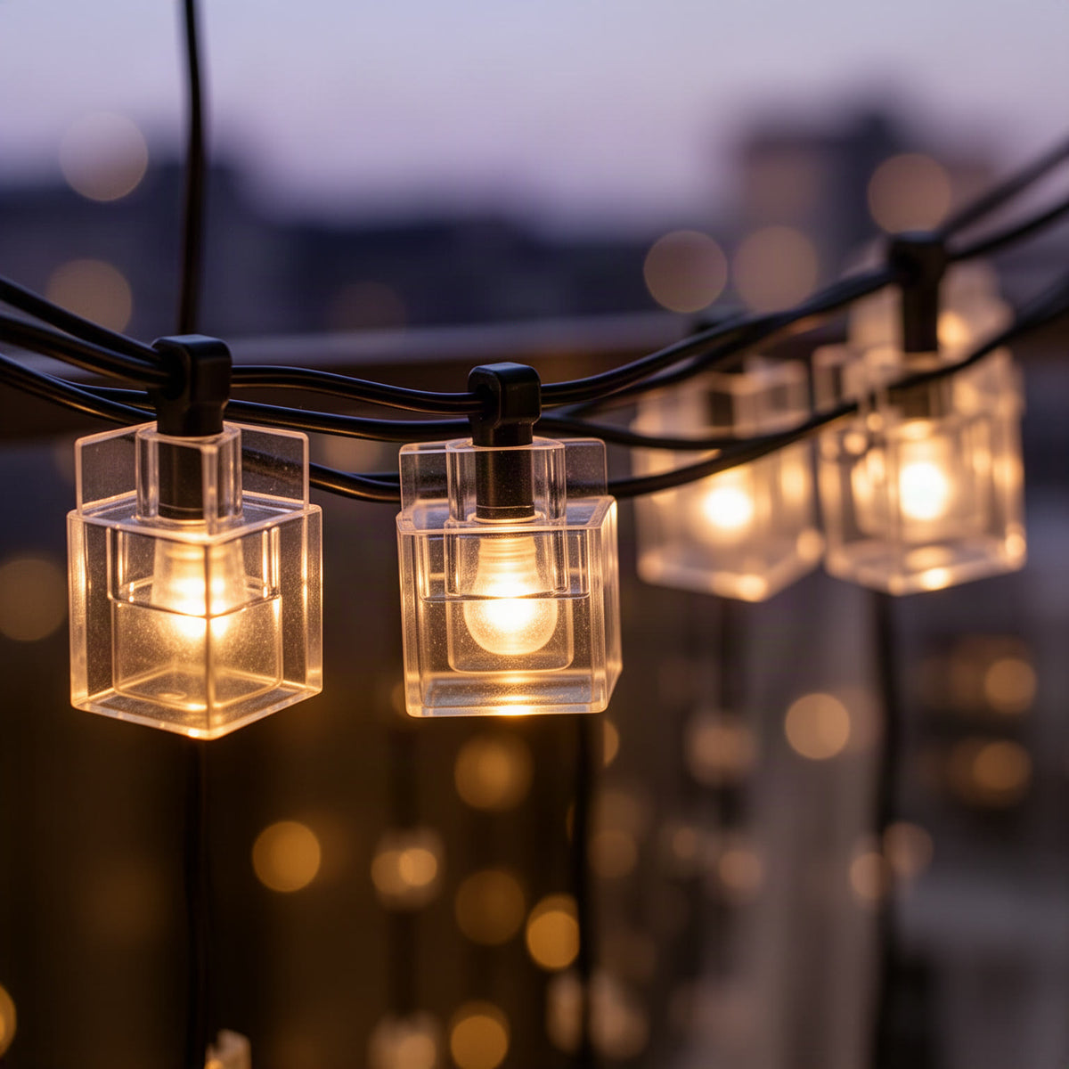 Close-up of the square clear lamp housings on black cord, lit up at dusk