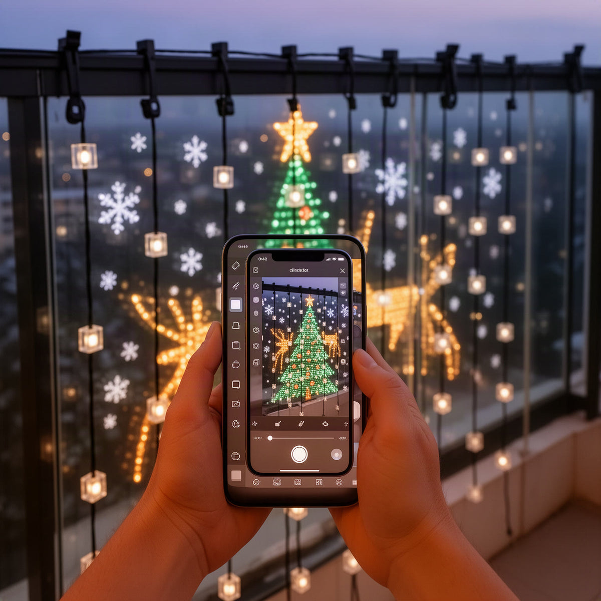 Phone showing the app next to the lit curtain displaying a custom image