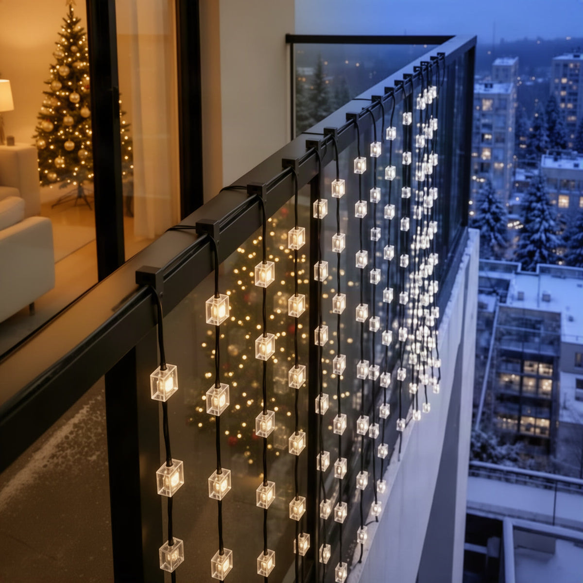 Curtain hanging from clips along a balcony glass railing in a festive setting
