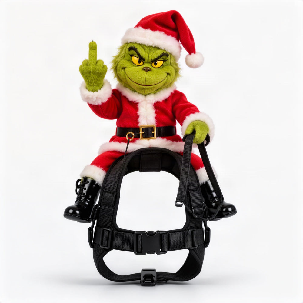 Lifestyle hero: golden retriever in the living room wearing the green Santa rider on its back, middle finger raised, Christmas decor behind