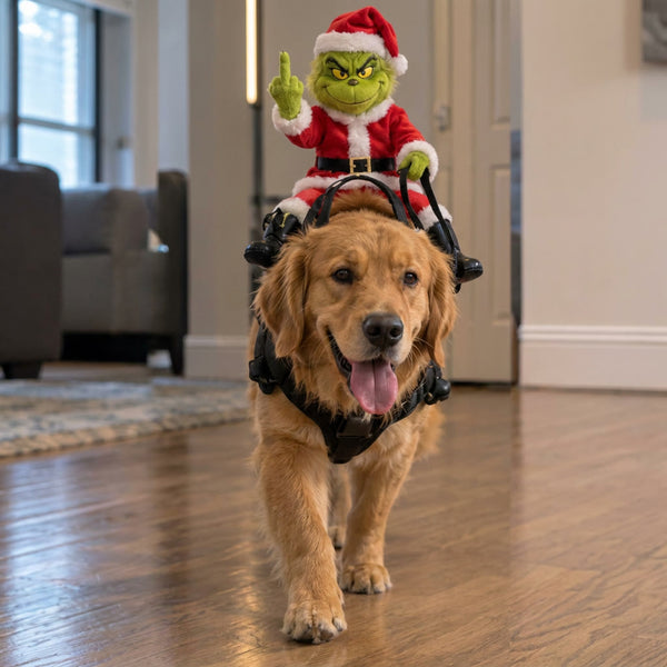 Dog shown from the front with the harness only, body not covered by clothing