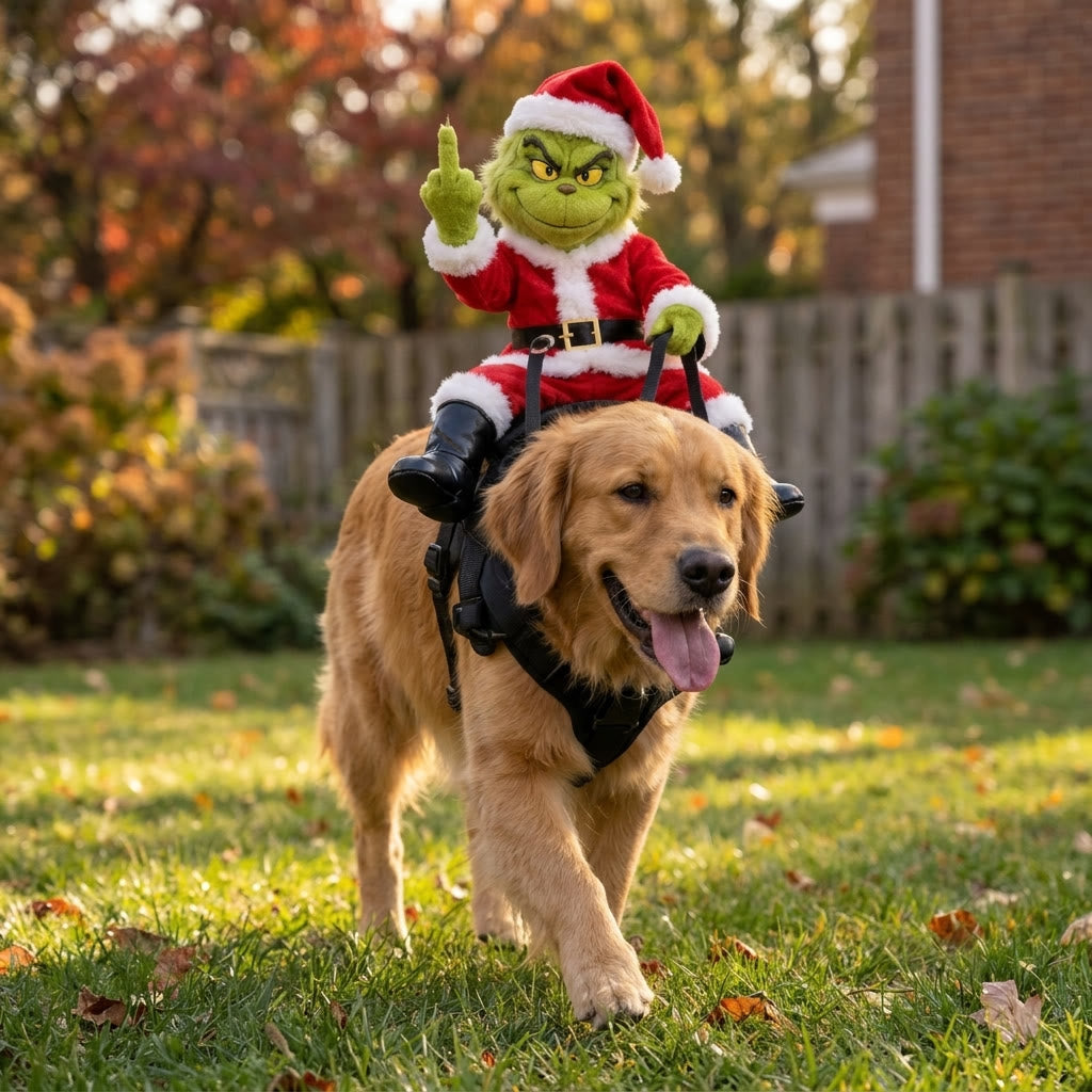 Golden retriever outdoors with the green figure sitting on its back, legs hanging down each side, one hand raised, the o