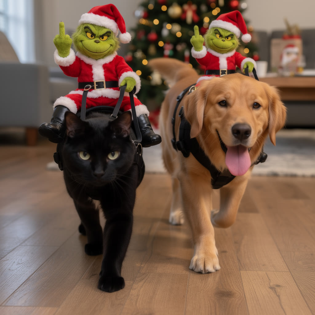 Black cat wearing the harness with the green figure on its back, next to the golden retriever version