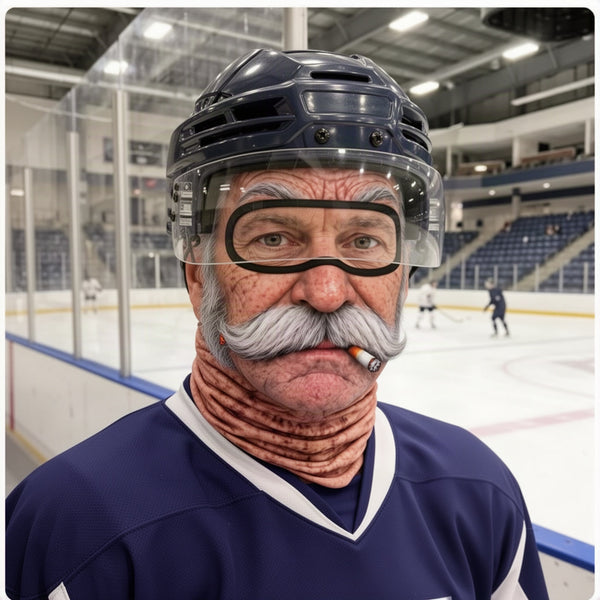 Hockey player at an ice rink wearing the old man mask under a helmet and visor