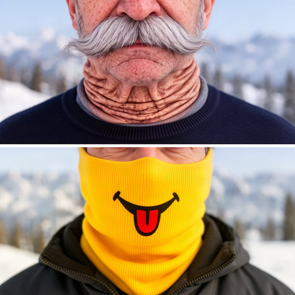 Three-quarter view of the old man's neck section with printed wrinkled skin, and the yellow fabric continuing over chin 
