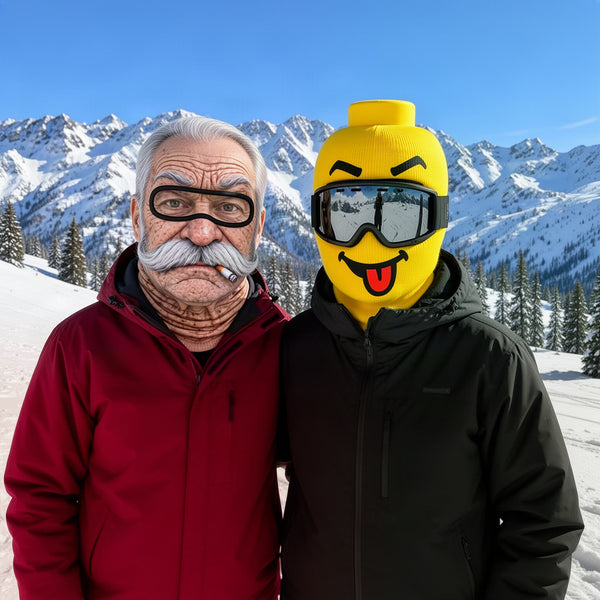 Two friends on a snowy hill, one in the yellow smiley and one in the grumpy old man