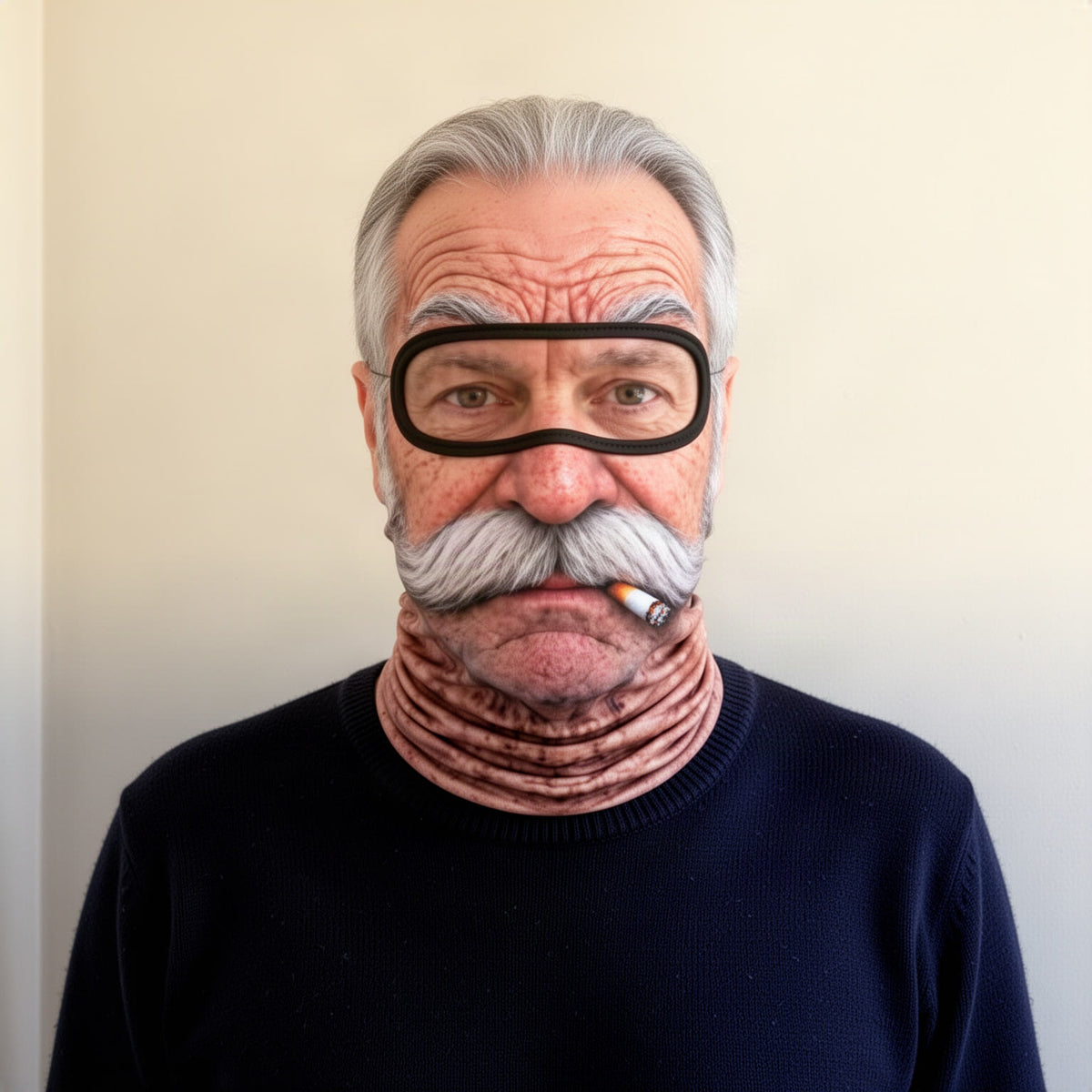 Wearer in the old man mask, front view, showing the wrinkles, gray eyebrows, handlebar mustache, cigarette and the wrink