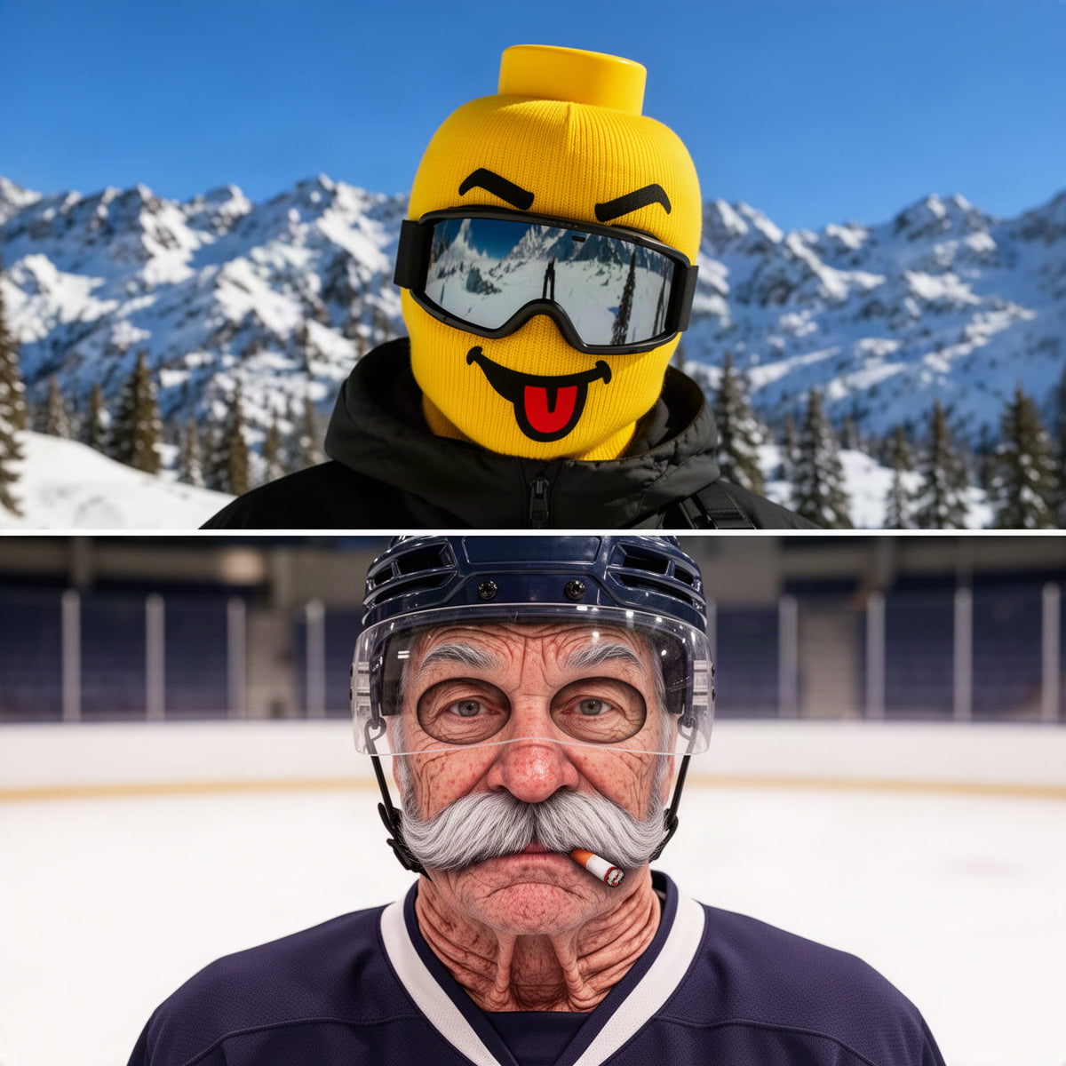 Split scene: yellow mask with ski goggles on a snowy mountain, and old man mask under a hockey helmet with visor at an i