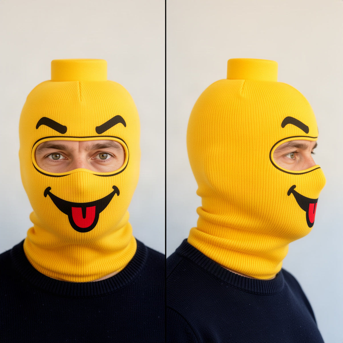 Side and front view of the mask worn without goggles, showing the oval eye opening and the fabric continuing down over t